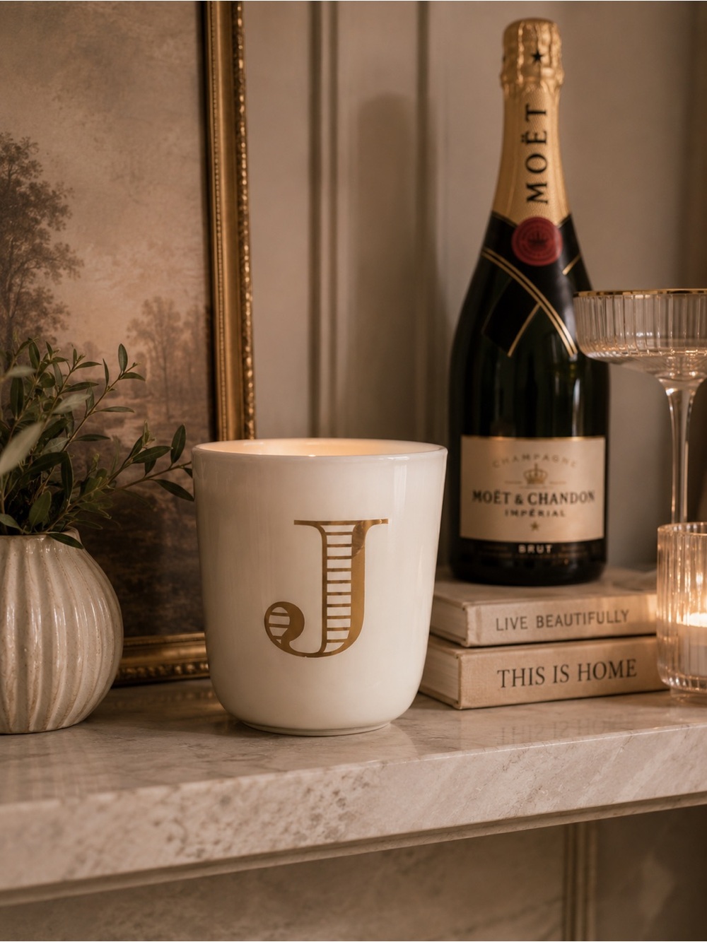 Sparkling Prosecco Scented Monogram 'J' White Glass Candle with Gold Accent
